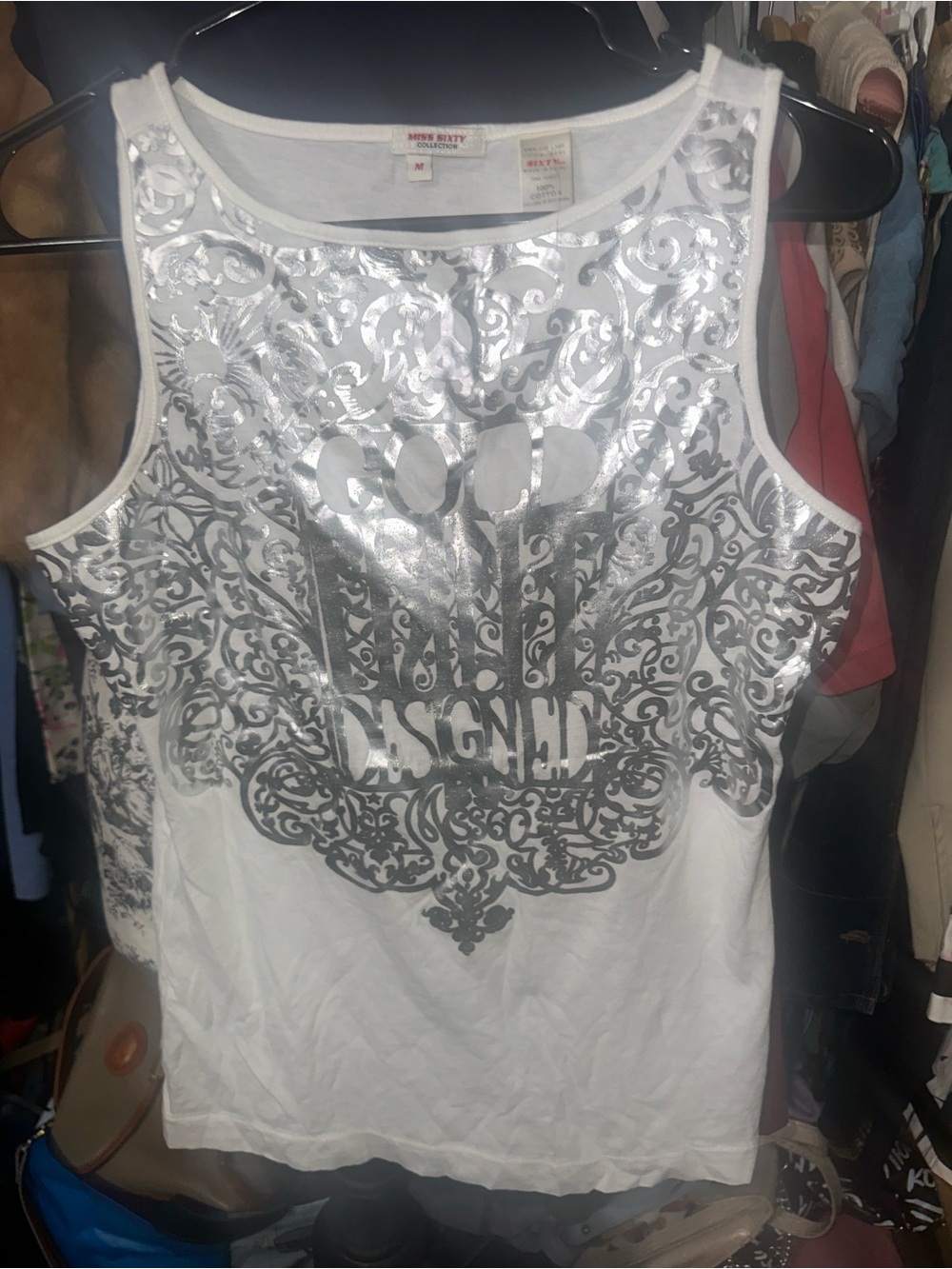Miss Sixty White Tank with Metallic Silver Ornate Graphic Y2K